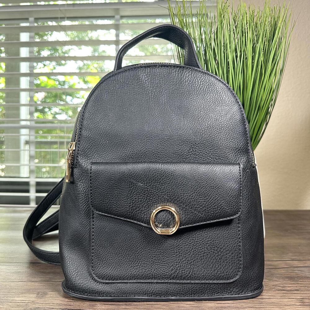 Black Women's Faux Leather Backpack with Front Pocket